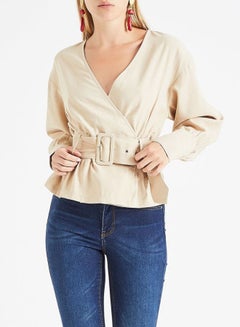 ONLY Belted Wrap V-Neck Top Beige  - Image 1