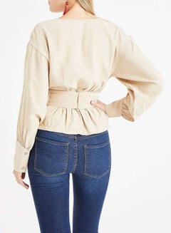 ONLY Belted Wrap V-Neck Top Beige  - Image 2
