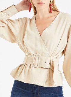 ONLY Belted Wrap V-Neck Top Beige  - Image 4