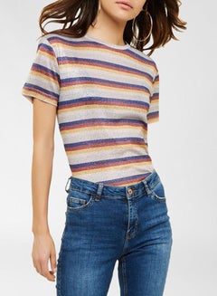 NEW LOOK Metallic Striped T-Shirt Grey/Brown  - Image 1