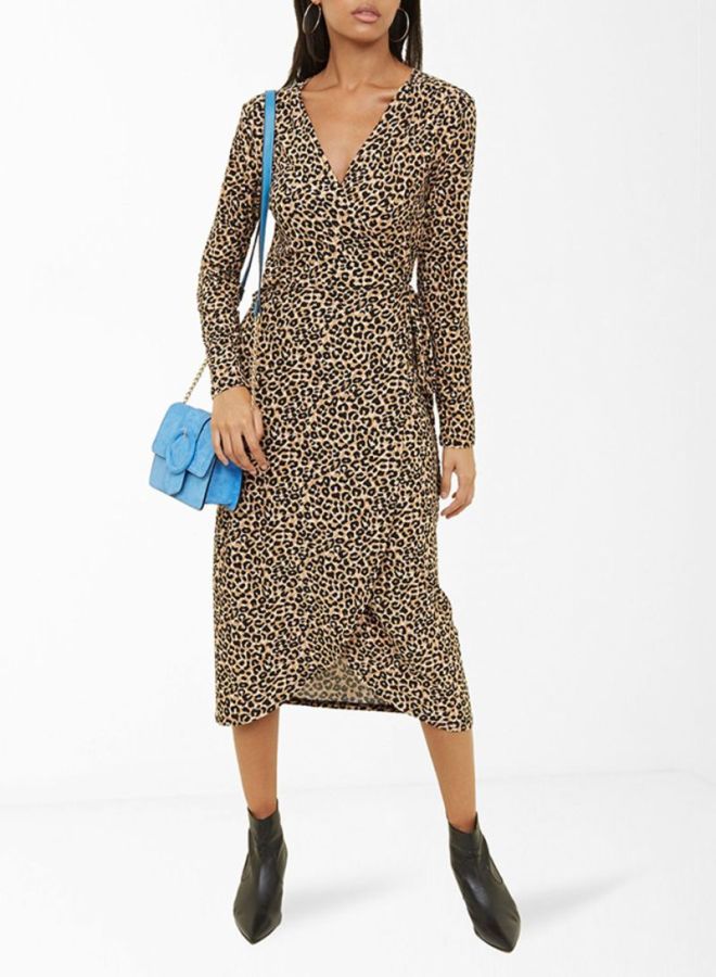 NEW LOOK Leopard Print Midi Dress Brown Pattern  - Image 1