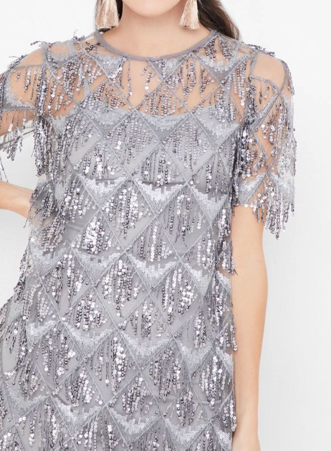 Stock Sequin Detailed Mini Dress Grey  - Image 4