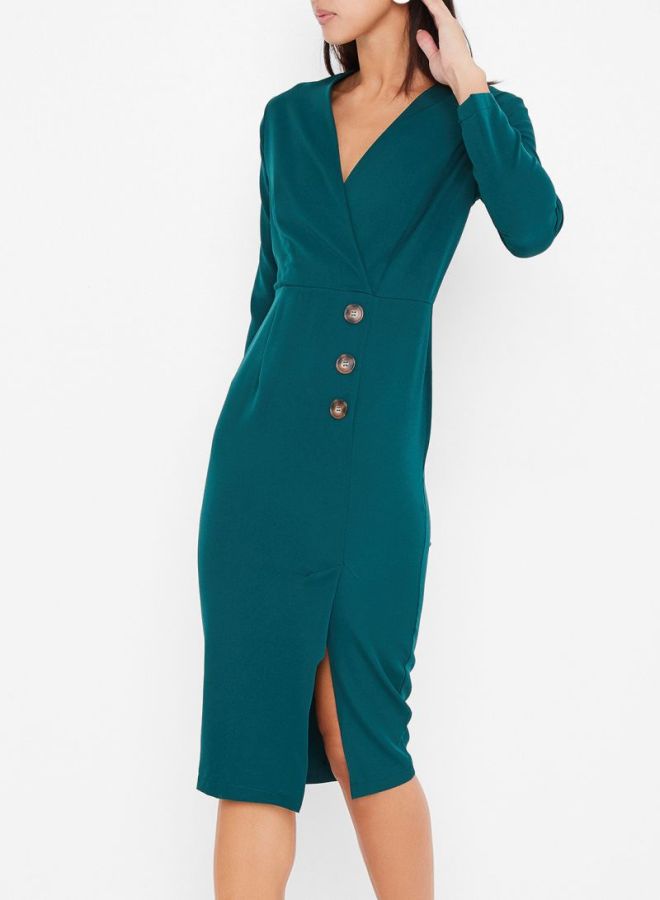 Stock - Button Detailed Midi Dress Green - Image 1