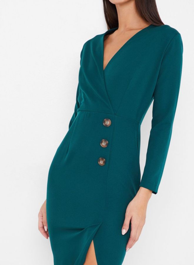Stock - Button Detailed Midi Dress Green - Image 1