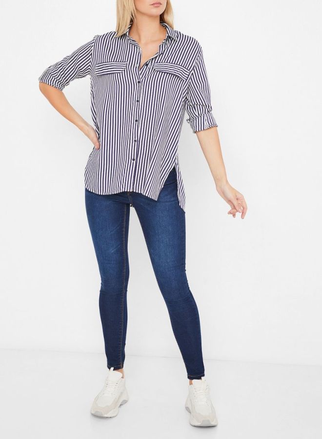 Stock - Striped Dual Faux Pocket Shirt White Multi - Image 1