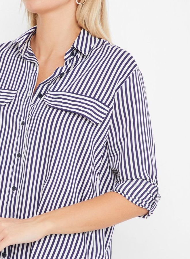 Stock - Striped Dual Faux Pocket Shirt White Multi - Image 1