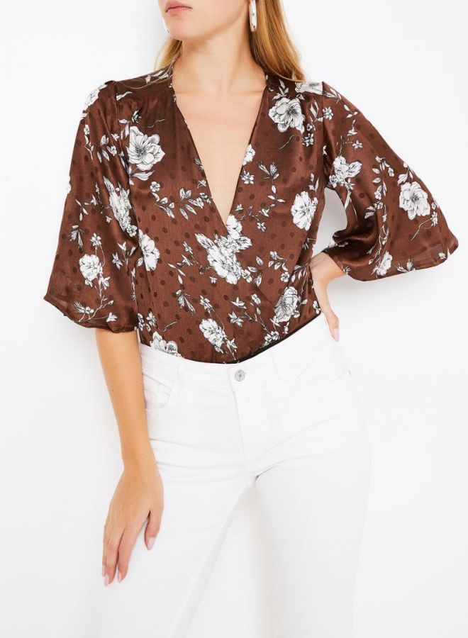 Stock Floral Print Bodysuit Brown  - Image 1