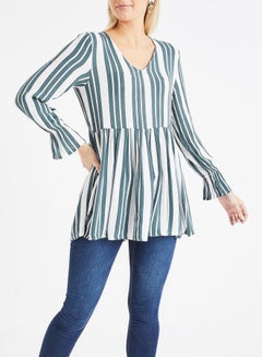 Jacqueline de Yong Striped Peplum Blouse White/Green  - Image 1
