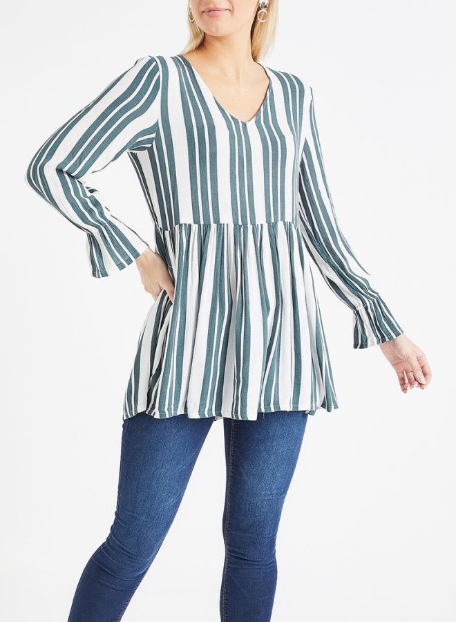 Jacqueline de Yong - Striped Peplum Blouse White/Green - Image 1