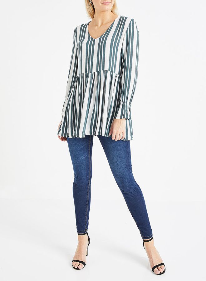 Jacqueline de Yong - Striped Peplum Blouse White/Green - Image 1