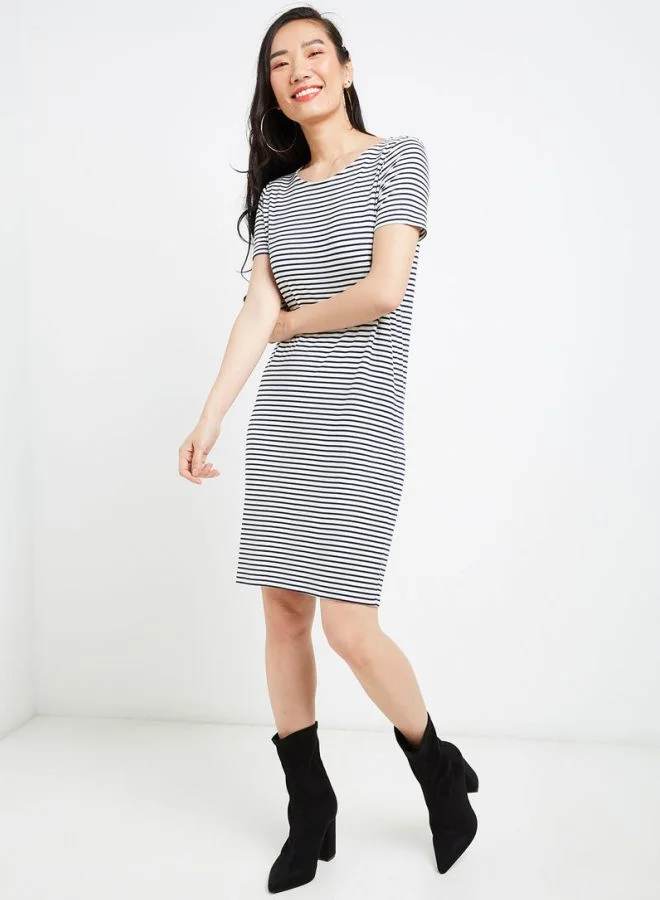 PIECES Striped Midi Dress Bright White/Black