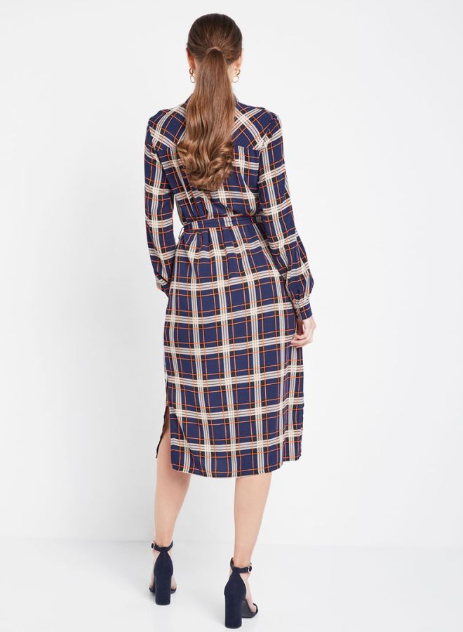 PIECES - Tie Waist Checked Shirt Dress Navy - Image 1