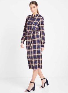 Tie Waist Checked Shirt Dress Navy