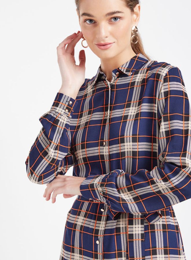 PIECES - Tie Waist Checked Shirt Dress Navy - Image 1