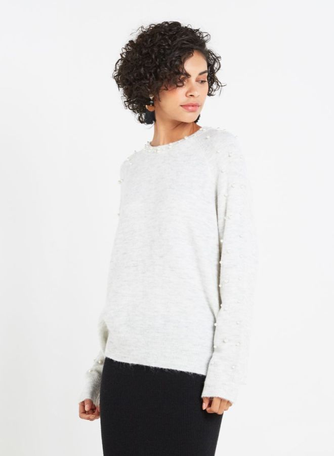 Jacqueline de Yong Faux Pearl Trim Sweater White  - Image 1