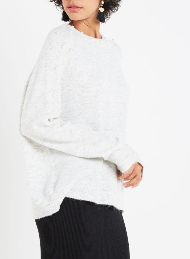 Jacqueline de Yong Faux Pearl Trim Sweater White  - Image 4