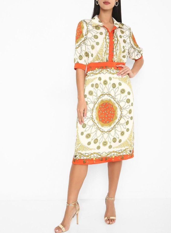 Stock Printed Collared Neck Midi Dress Beige/Green/Orange  - Image 3