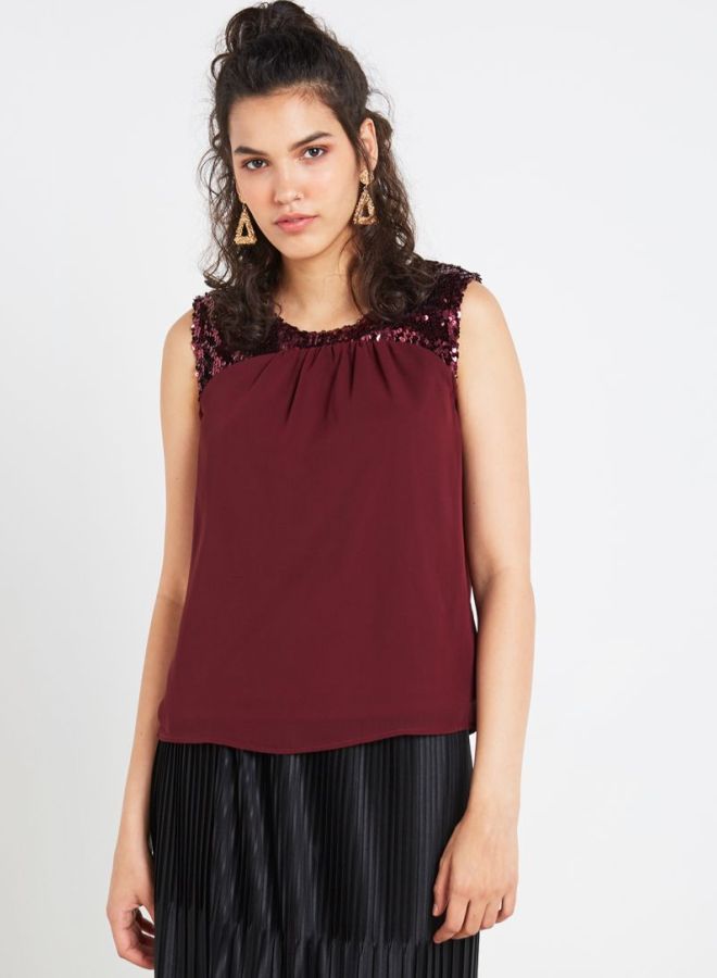 Jacqueline de Yong - Sequin Trim Tank Top Burgundy - Image 1