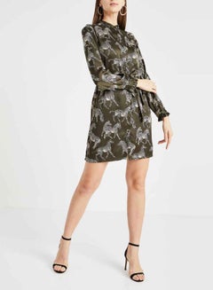 PIECES Zebra Printed Satin Mini Dress Olive  - Image 1
