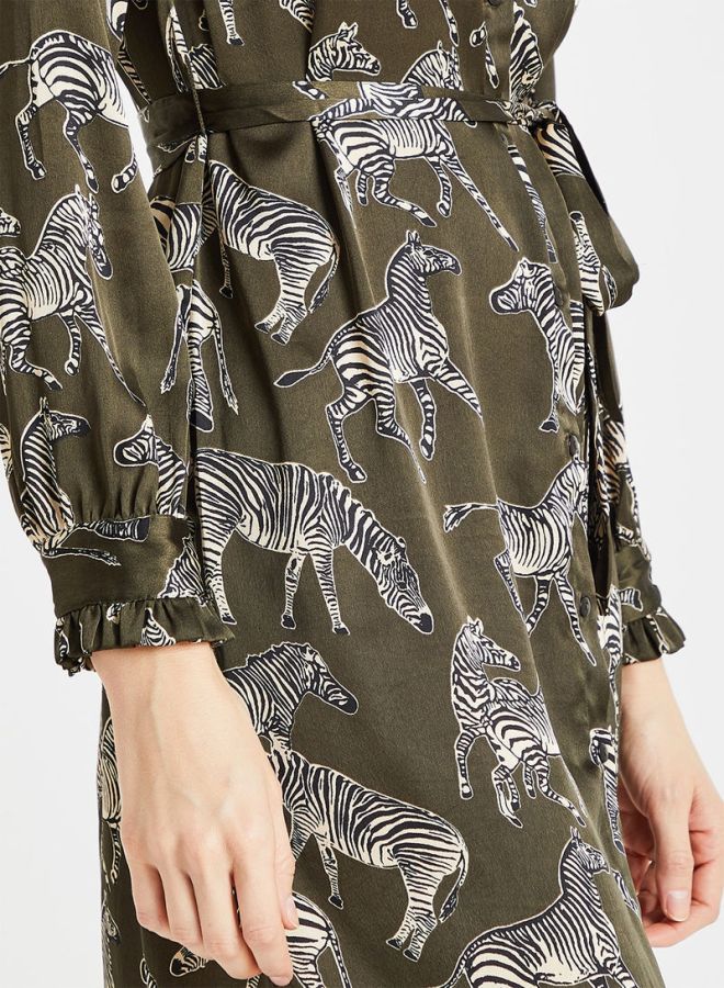 PIECES - Zebra Printed Satin Mini Dress Olive - Image 1