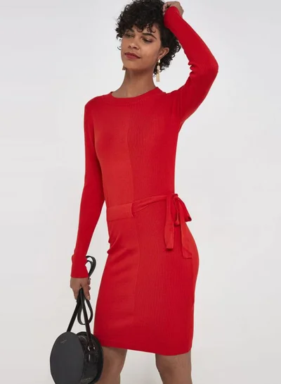 Jacqueline de Yong Belted Knit Dress Fiery Red