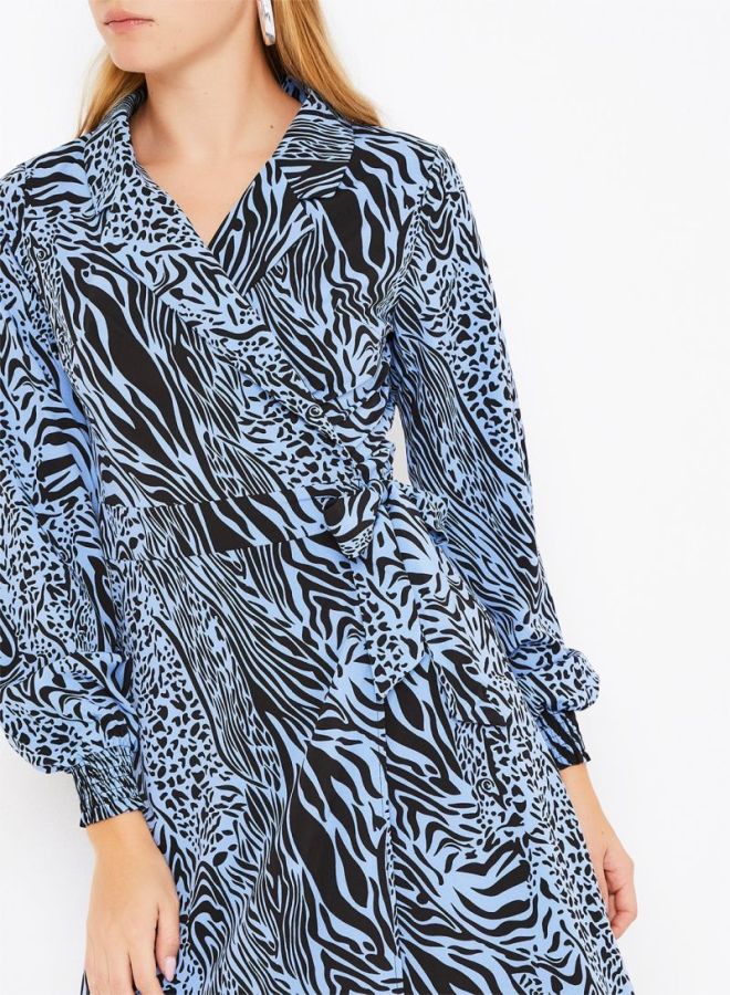 Stock - Animal Printed Collared Neck Midi Dress Blue/Black - Image 1