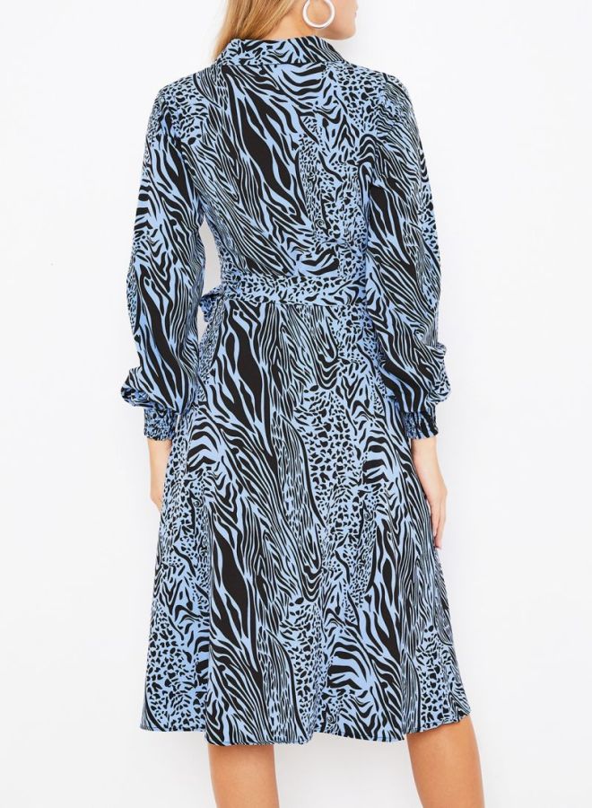 Stock - Animal Printed Collared Neck Midi Dress Blue/Black - Image 1
