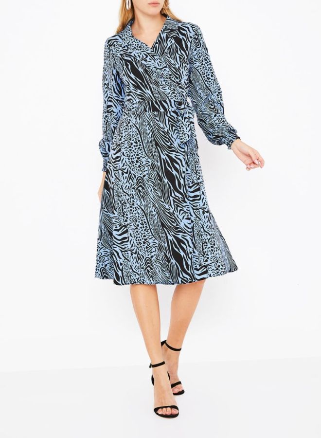 Stock - Animal Printed Collared Neck Midi Dress Blue/Black - Image 1