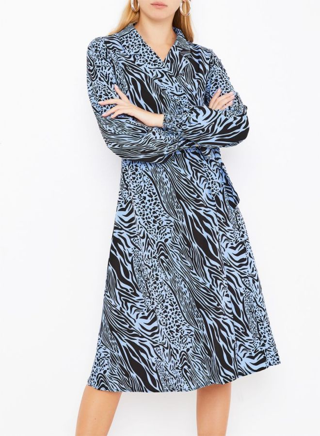 Stock - Animal Printed Collared Neck Midi Dress Blue/Black - Image 1