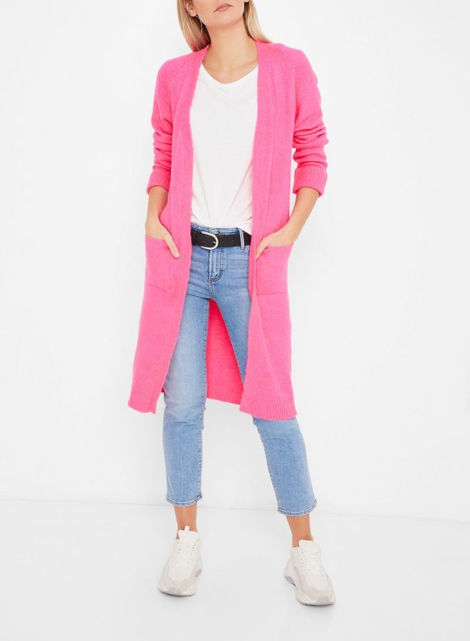 ستوك كارديجان مصنوع من الصوف بقصة طويلة وردي - Image 3