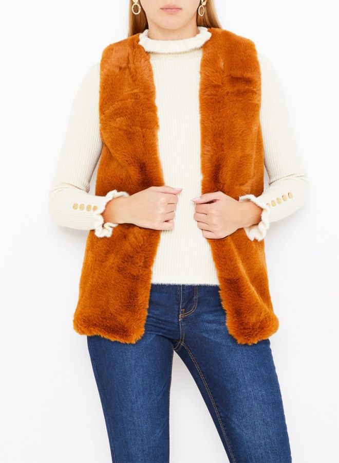 Stock - Polyester Fur Gilet Brown - Image 1