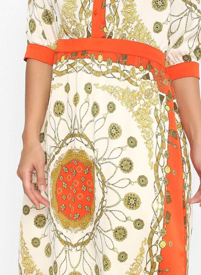 Stock Printed Collared Neck Midi Dress Beige/Green/Orange  - Image 4