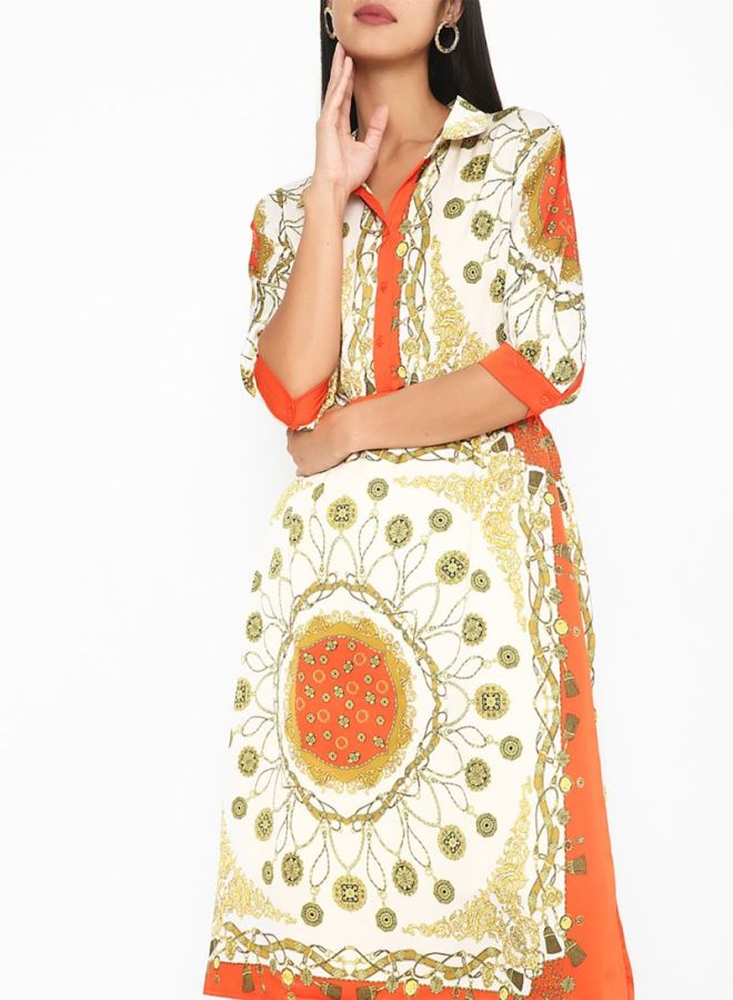 Stock Printed Collared Neck Midi Dress Beige/Green/Orange  - Image 1