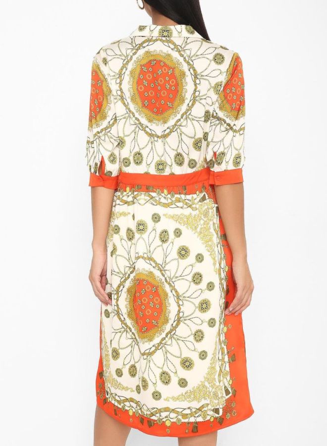 Stock Printed Collared Neck Midi Dress Beige/Green/Orange  - Image 2
