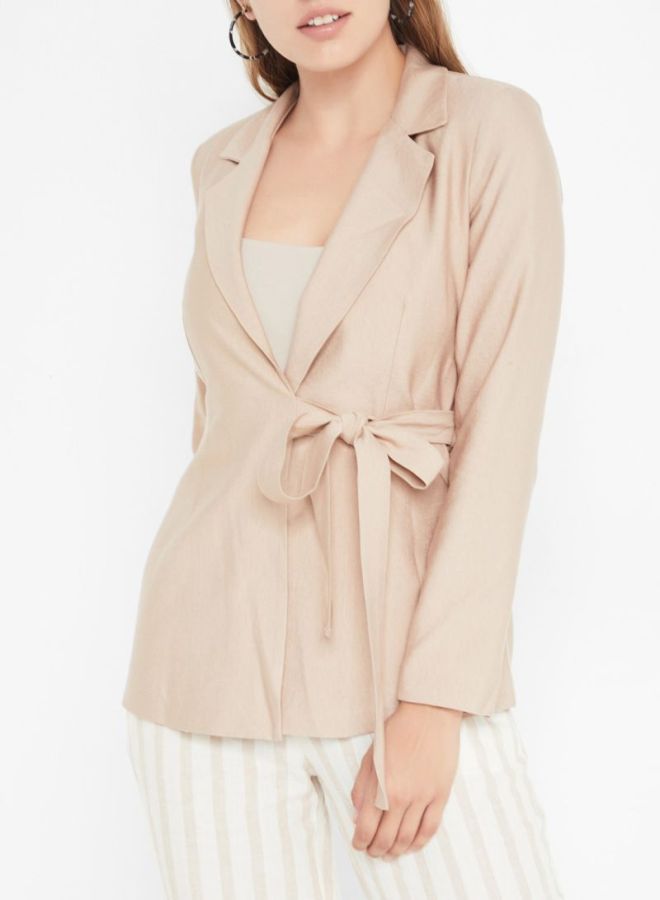 Stock Collared Neck Side Tie-Up Coat Beige  - Image 1