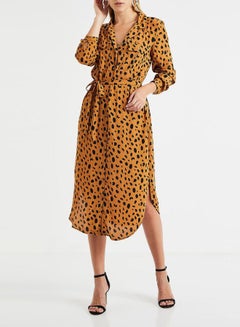 Allover Printed Shirt Dress Brown