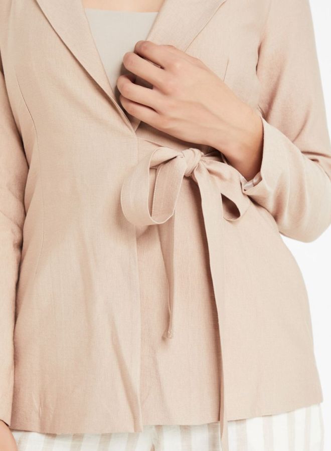 Stock Collared Neck Side Tie-Up Coat Beige  - Image 4