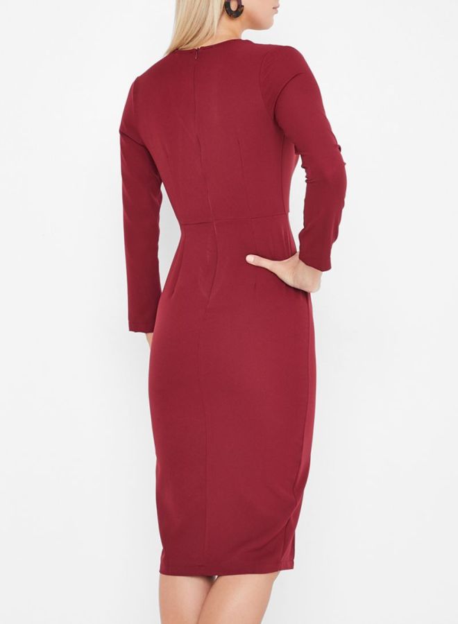 Stock V-Neck Button Detailed Midi Dress Burgundy  - Image 2