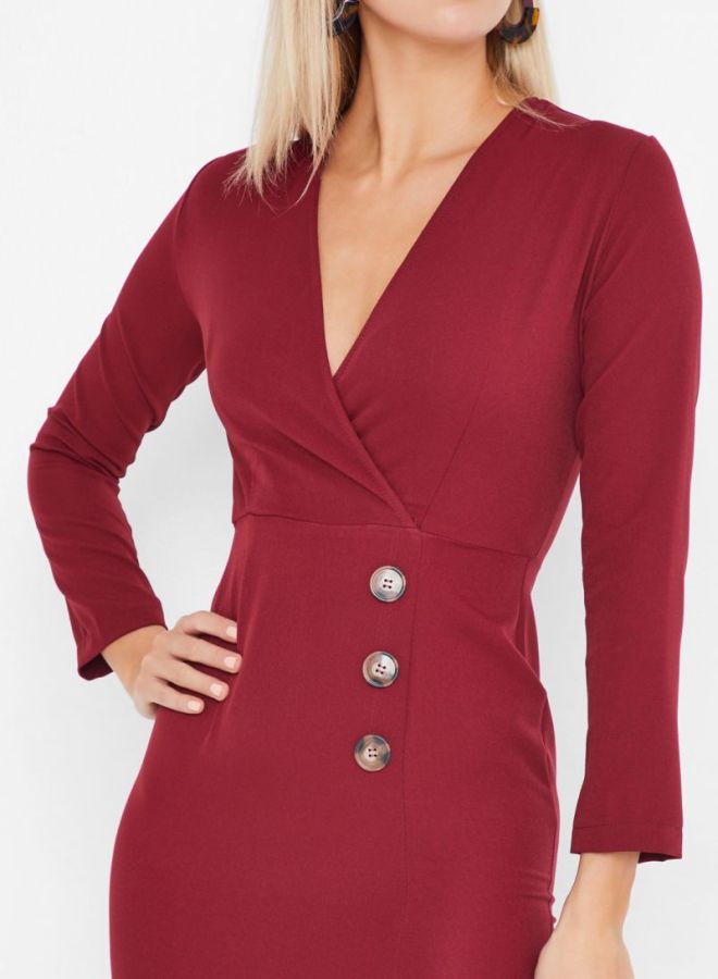 Stock V-Neck Button Detailed Midi Dress Burgundy  - Image 4