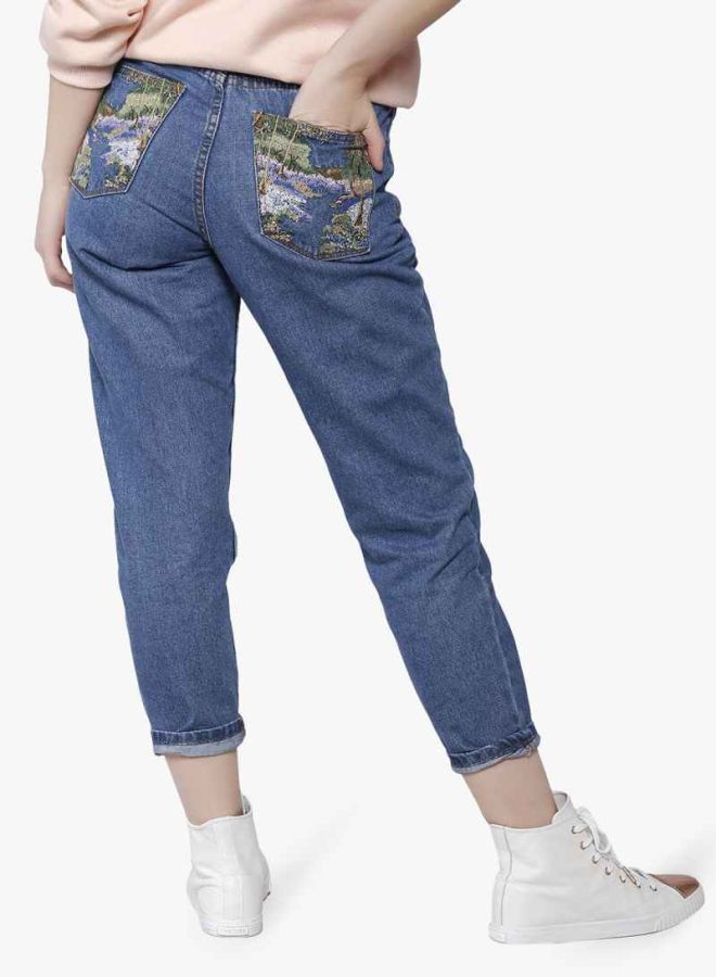 LOST INK Embroidered Pocket Mom Jeans Blue  - Image 2