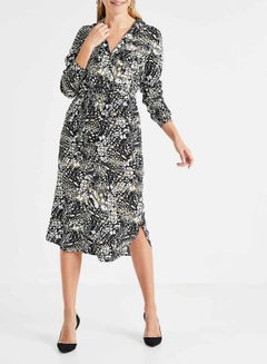 Printed Midi Shirt Dress Black
