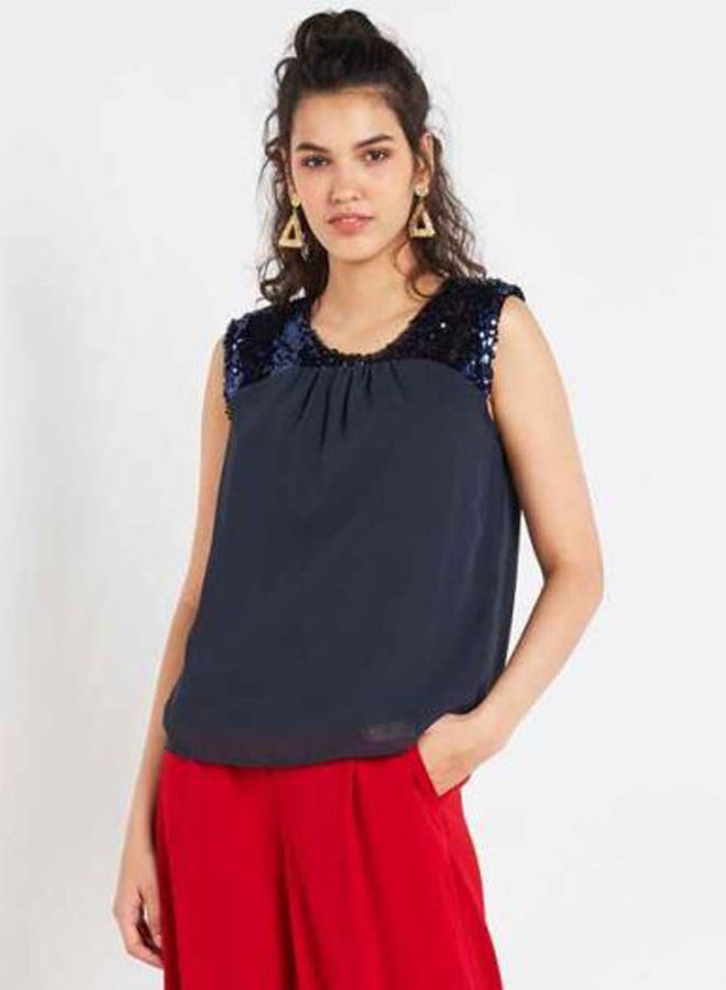 Jacqueline de Yong - Sequin Trim Tank Top Navy - Image 1