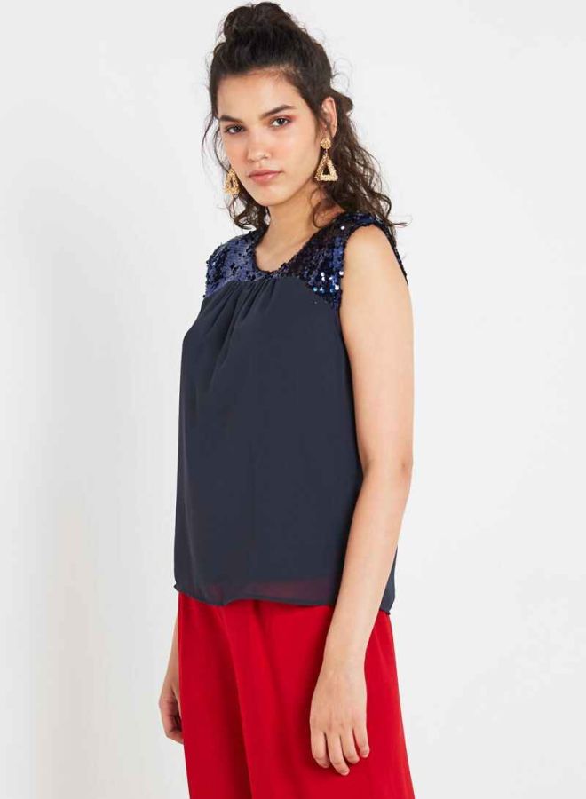 Jacqueline de Yong - Sequin Trim Tank Top Navy - Image 1