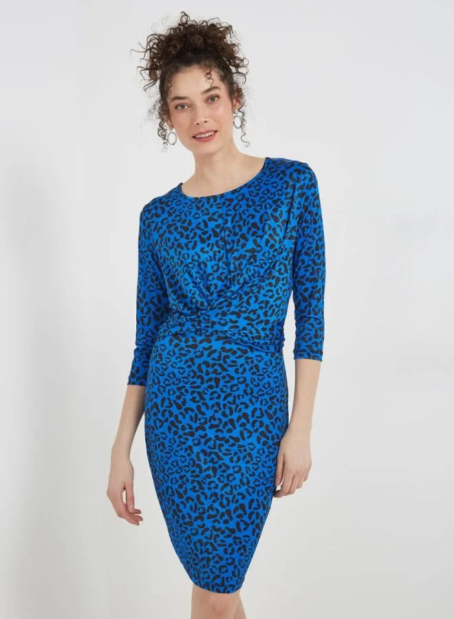 PIECES Round Neck Printed Dress Blue/Black
