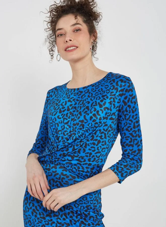 PIECES Round Neck Printed Dress Blue/Black