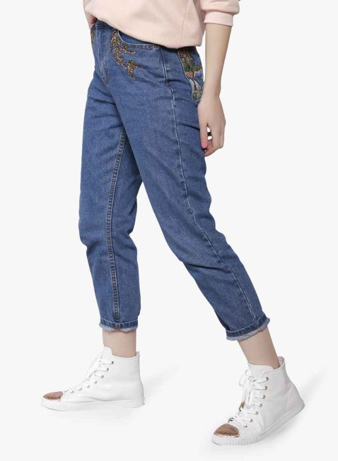 LOST INK Embroidered Pocket Mom Jeans Blue  - Image 1