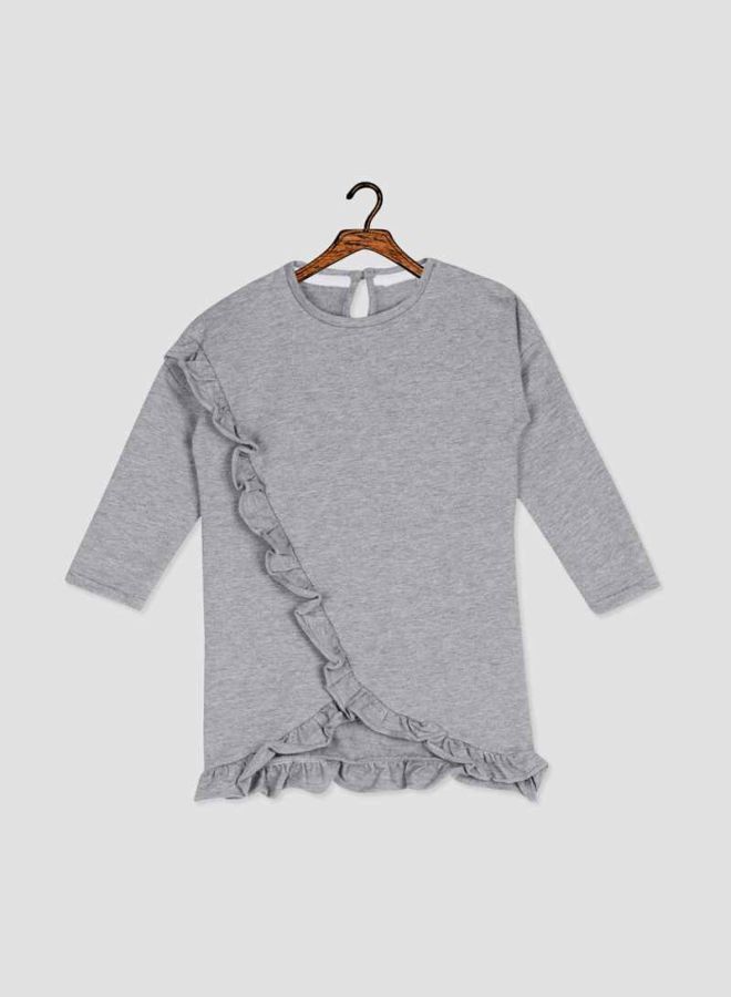 نيم ات بلوزة طويلة بتفاصيل مكشكشة خليط رمادي - Image 1