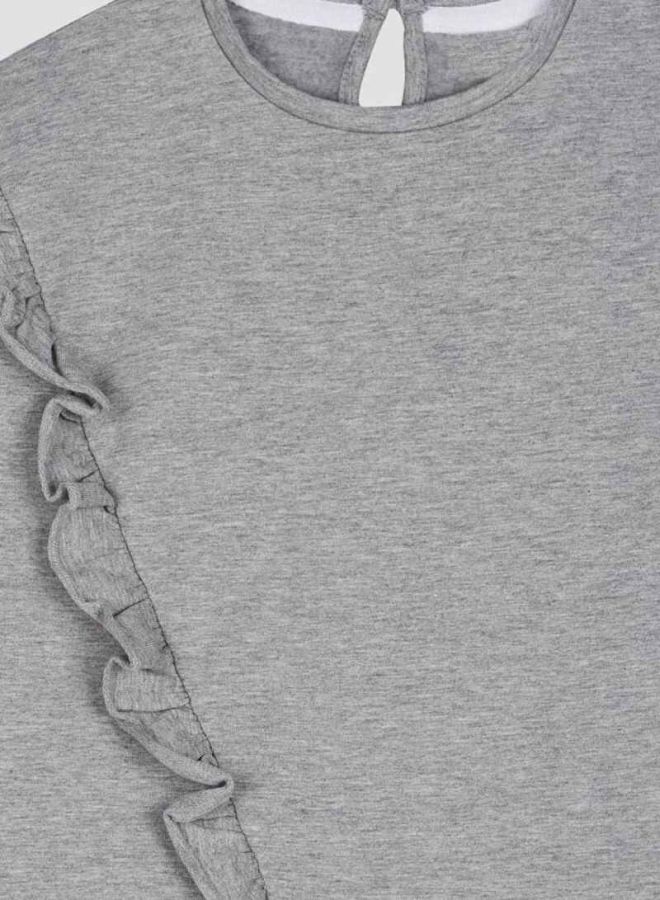 نيم ات بلوزة طويلة بتفاصيل مكشكشة خليط رمادي - Image 3