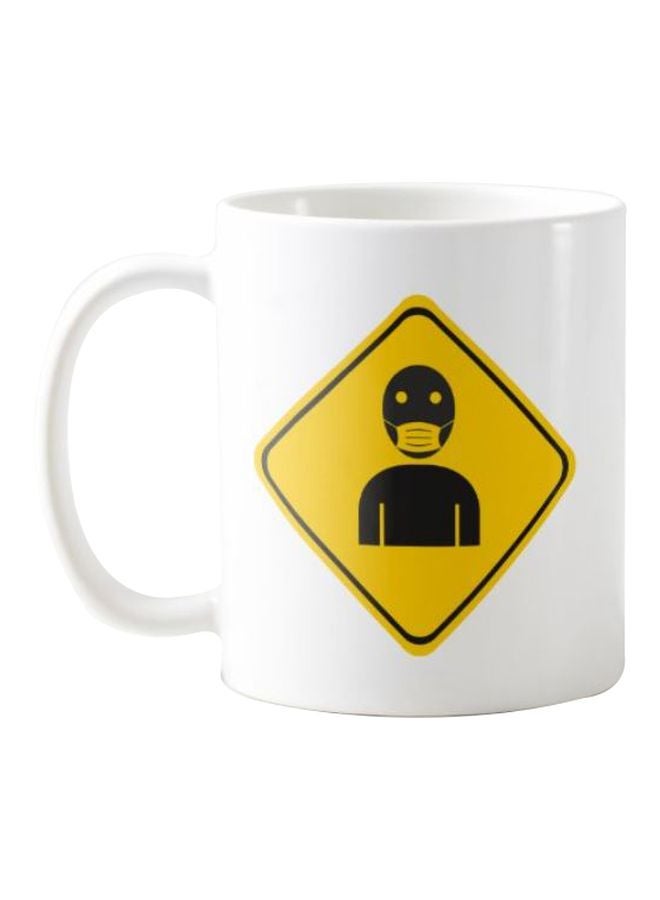 1st Piece Front Face Mask Sign Printed Ceramic Mug White/Yellow/Black - Image 1