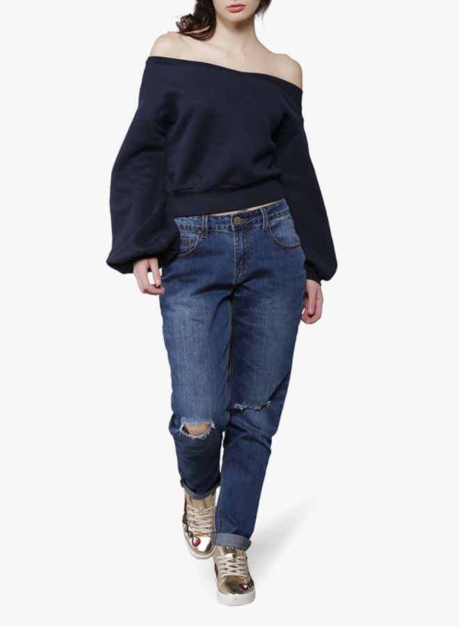 LOST INK Off Shoulder Sweatshirt Navy  - Image 3